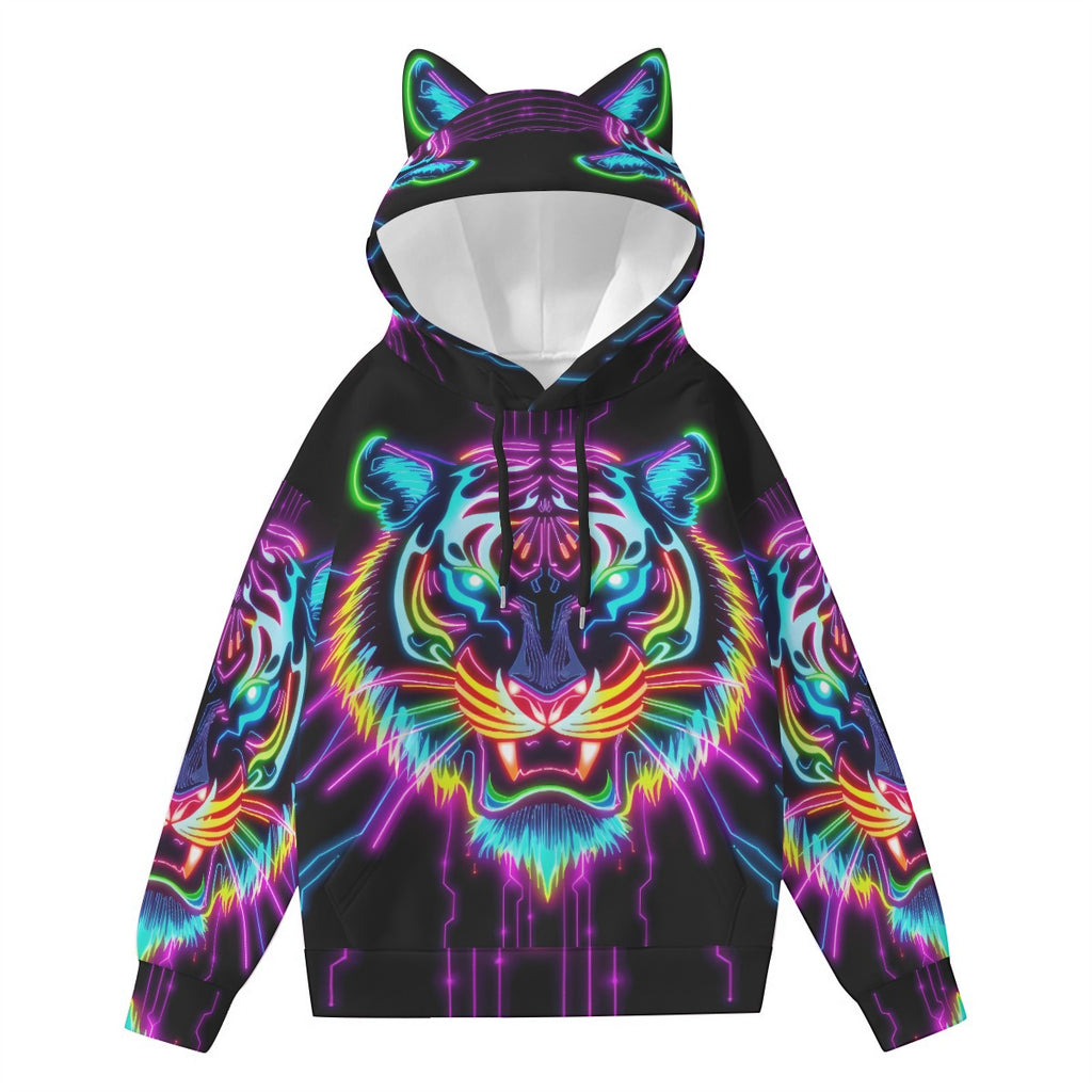 Neon Spirit Animal Tiger Hoodie with Ears by Bazaar Design Style
