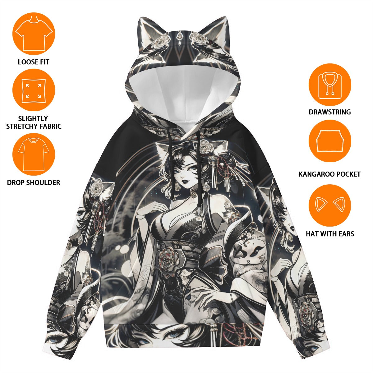 Anime Pin-Up Girl Cat Hoodie with Ears by Bazaar Design Style