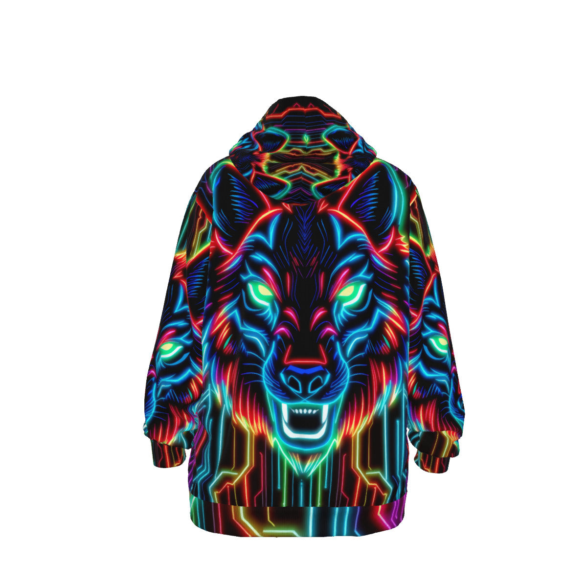 Neon Spirit Animal Wolf Cotton Pullover Hoodie by Bazaar Design Style