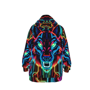 Neon Spirit Animal Wolf Cotton Pullover Hoodie by Bazaar Design Style