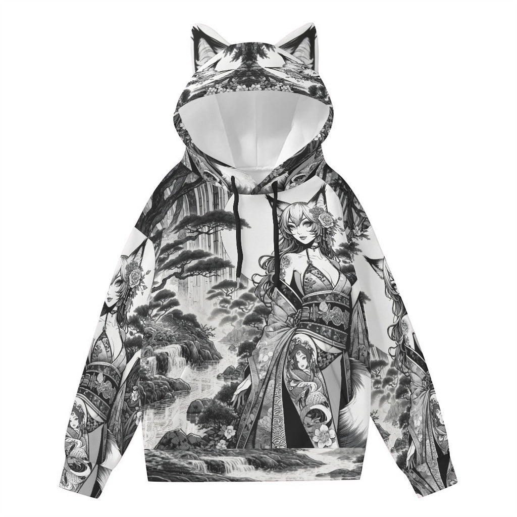 Anime Pin-up Girl Fox Hoodie with Ears by Bazaar Design Style