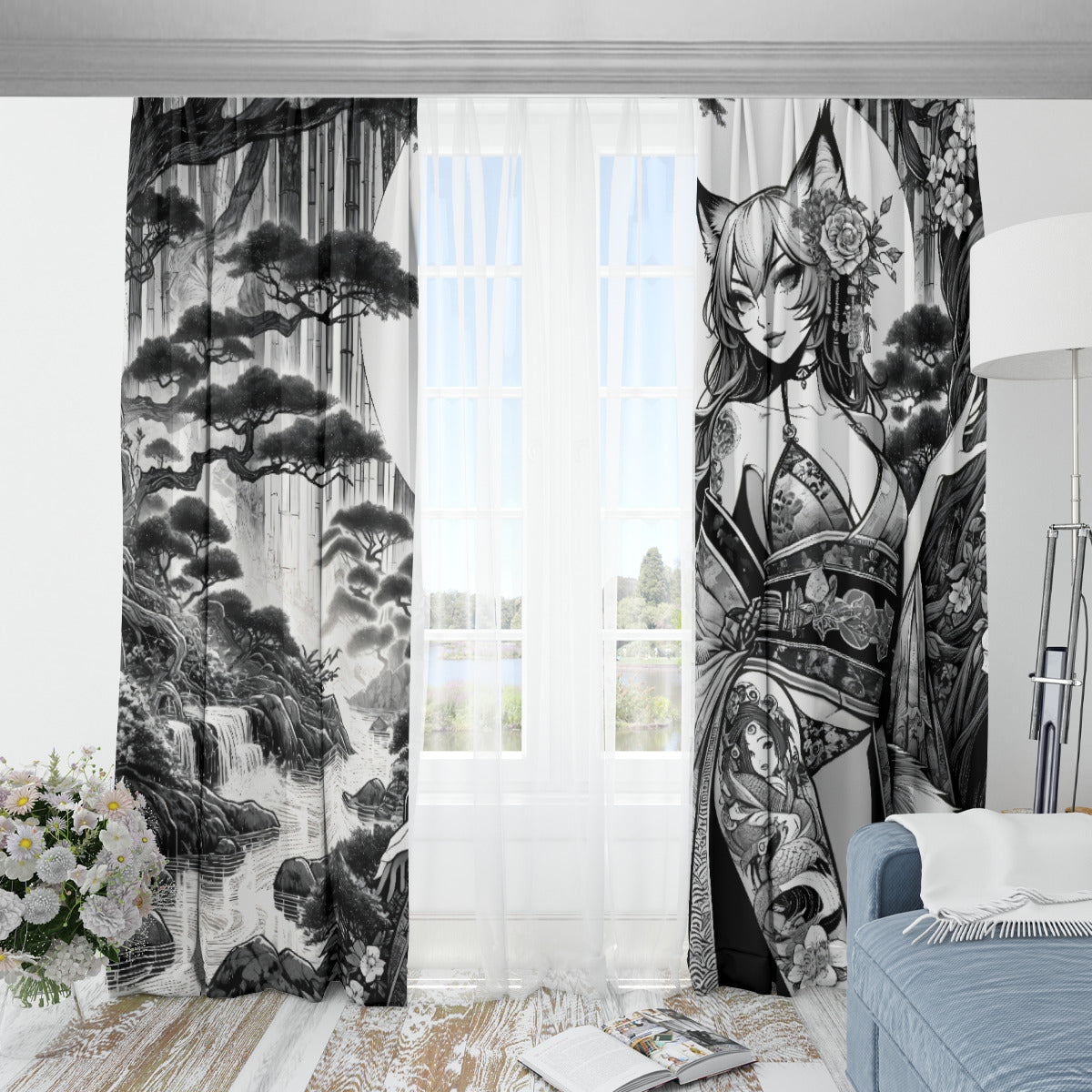 Anime Pin-up Girl Fox Blackout Curtains with Hooks by Bazaar Design Style