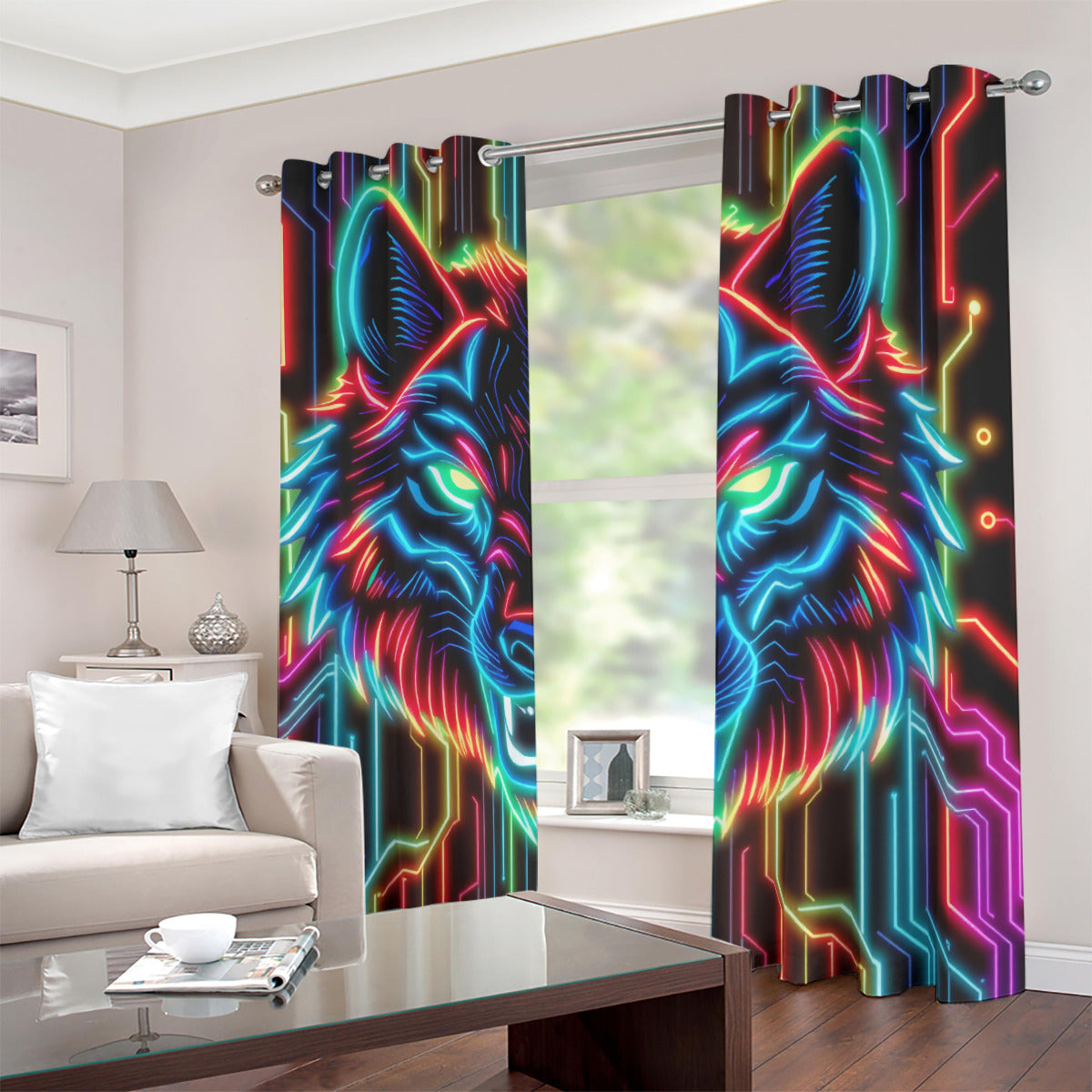 Neon Spirit Animal Wolf Blackout Curtains with Grommets by Bazaar Design Style