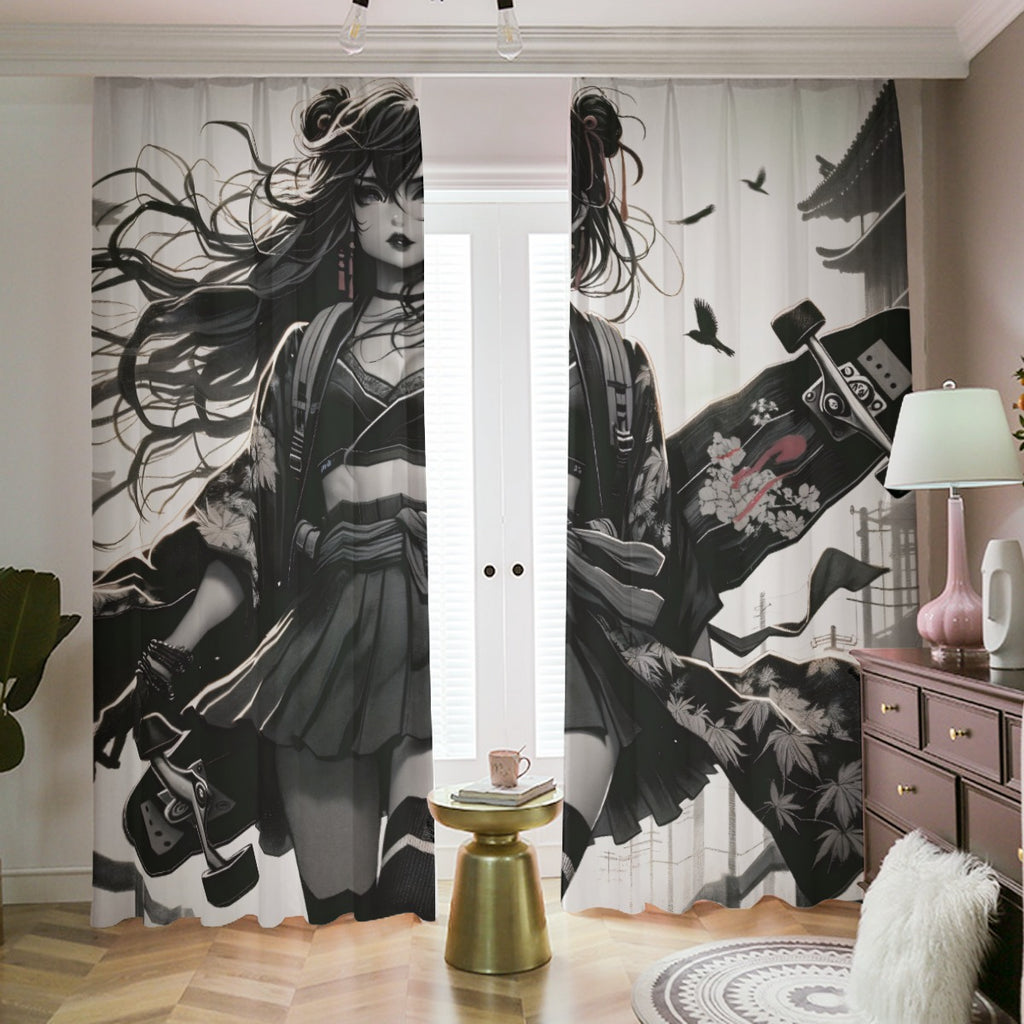 Anime Pin-up Girl Longboard Blackout Curtains with Hooks by Bazaar Design Style