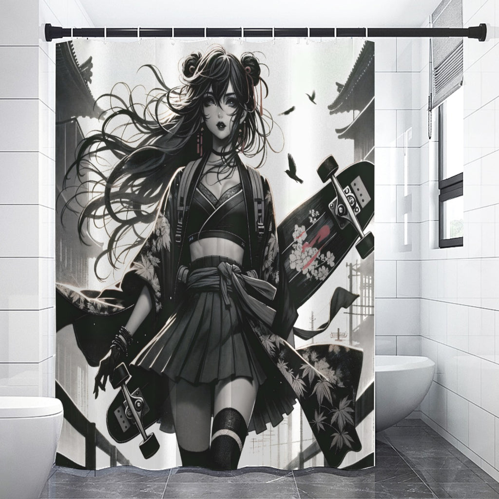 Anime Pin-up Girl Longboard Shower Curtain by Bazaar Design Style