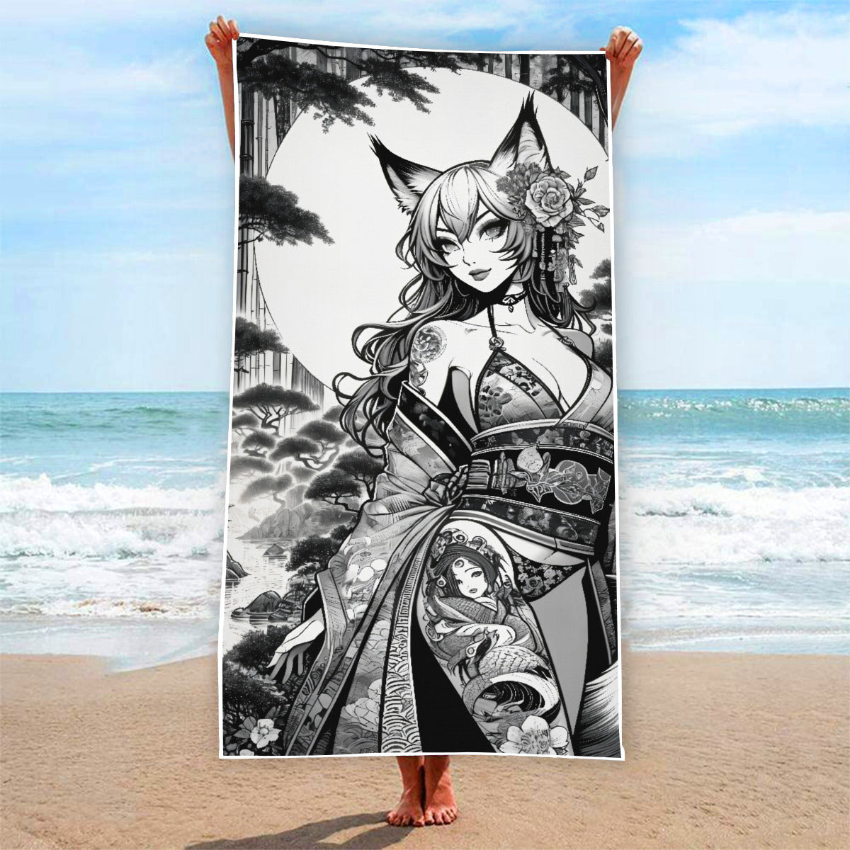 Anime Pin-up Girl Fox Beach Towel by Bazaar Design Style
