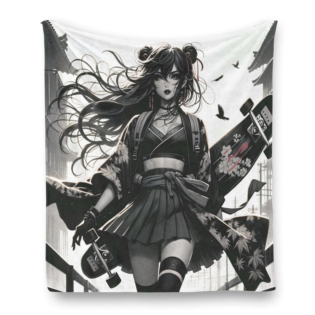 Anime Pin-up Girl Longboard Flannel Blanket by Bazaar Design Style