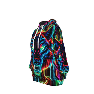 Neon Spirit Animal Wolf Cotton Pullover Hoodie by Bazaar Design Style
