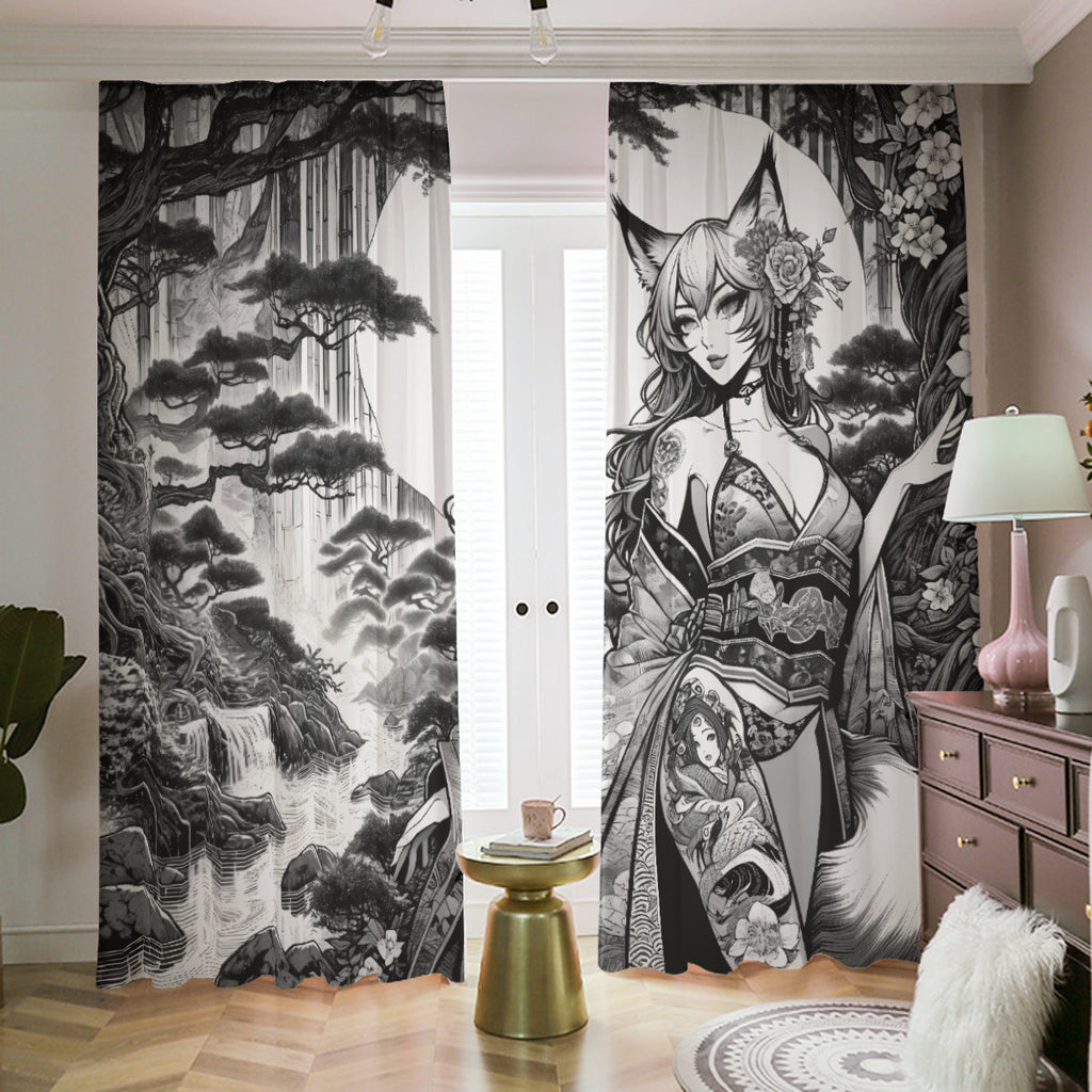 Anime Pin-up Girl Fox Blackout Curtains with Hooks by Bazaar Design Style