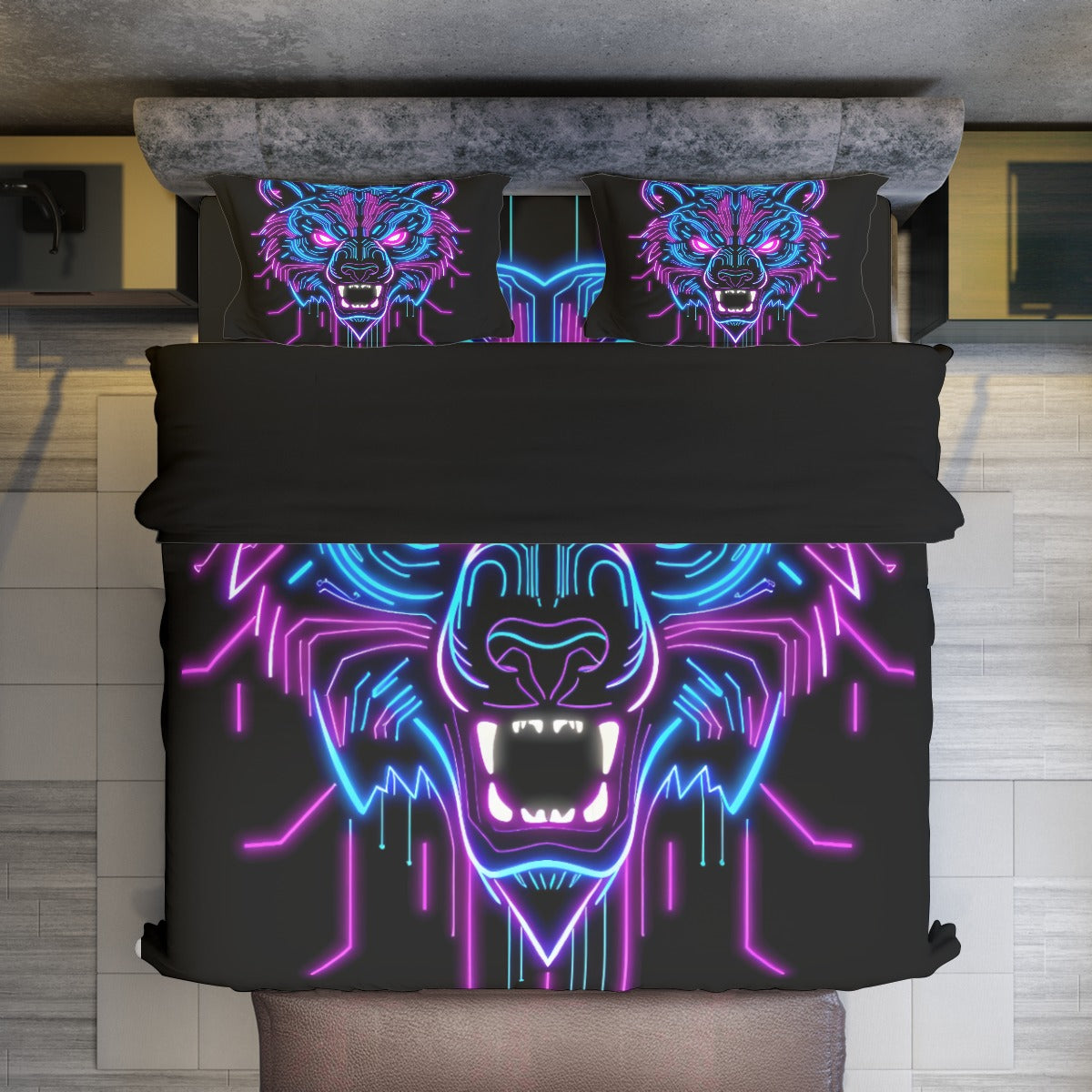 Neon Spirit Animal Bear 4 Piece Duvet Cover Set by Bazaar Design Style (K,CK)