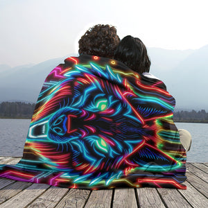 Neon Spirit Animal Wolf Flannel Blanket by Bazaar Design Style