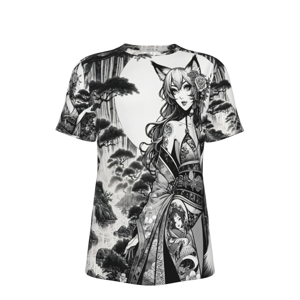 Anime Pin-up Girl Fox Cotton T-shirt by Bazaar Design Style