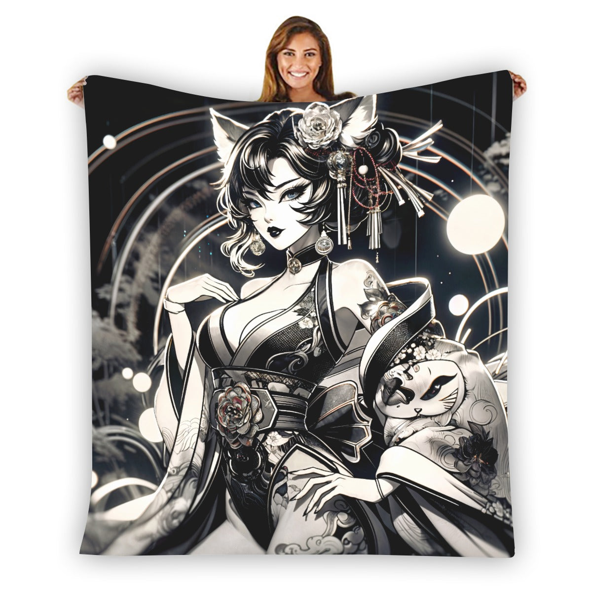 Anime Pin-up Girl Cat Flannel Blanket by Bazaar Design Style