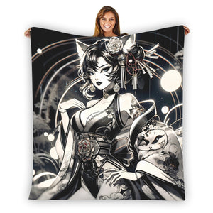 Anime Pin-up Girl Cat Flannel Blanket by Bazaar Design Style
