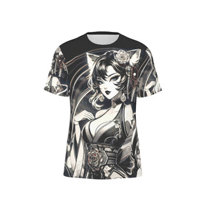 Anime Pin-Up Girl Cat Cotton T-Shirt by Bazaar Design Style
