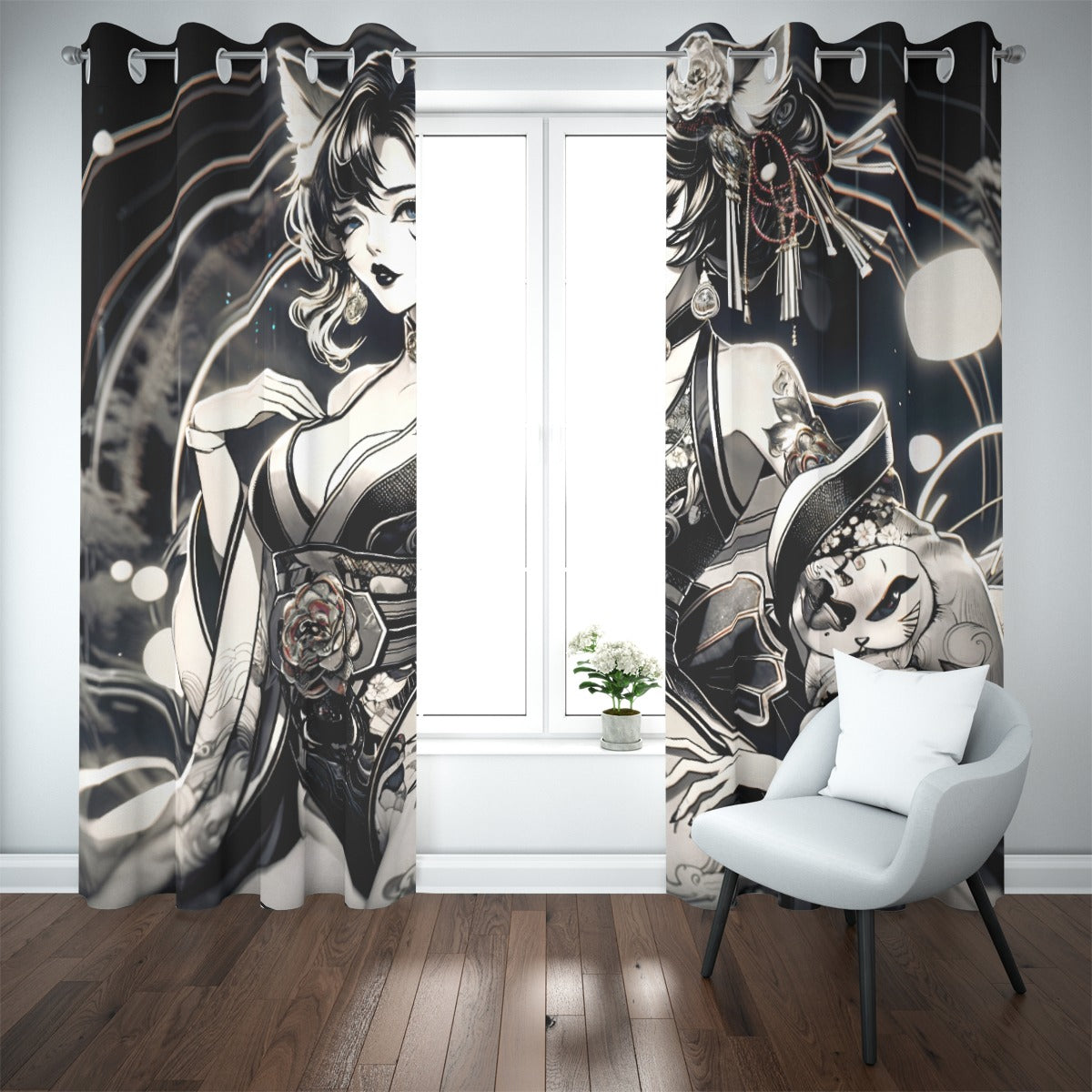 Anime Pin-up Girl Cat Blackout Curtains with Grommets by Bazaar Design Style
