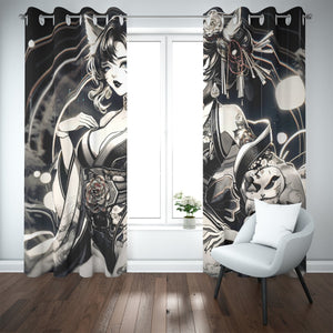 Anime Pin-up Girl Cat Blackout Curtains with Grommets by Bazaar Design Style
