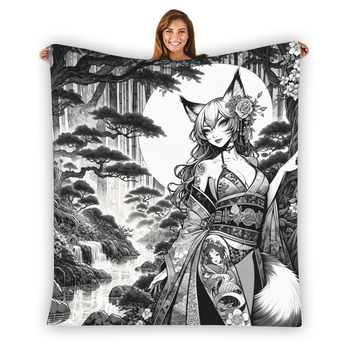 Anime Pin-up Girl Fox Flannel Blanket by Bazaar Design Style