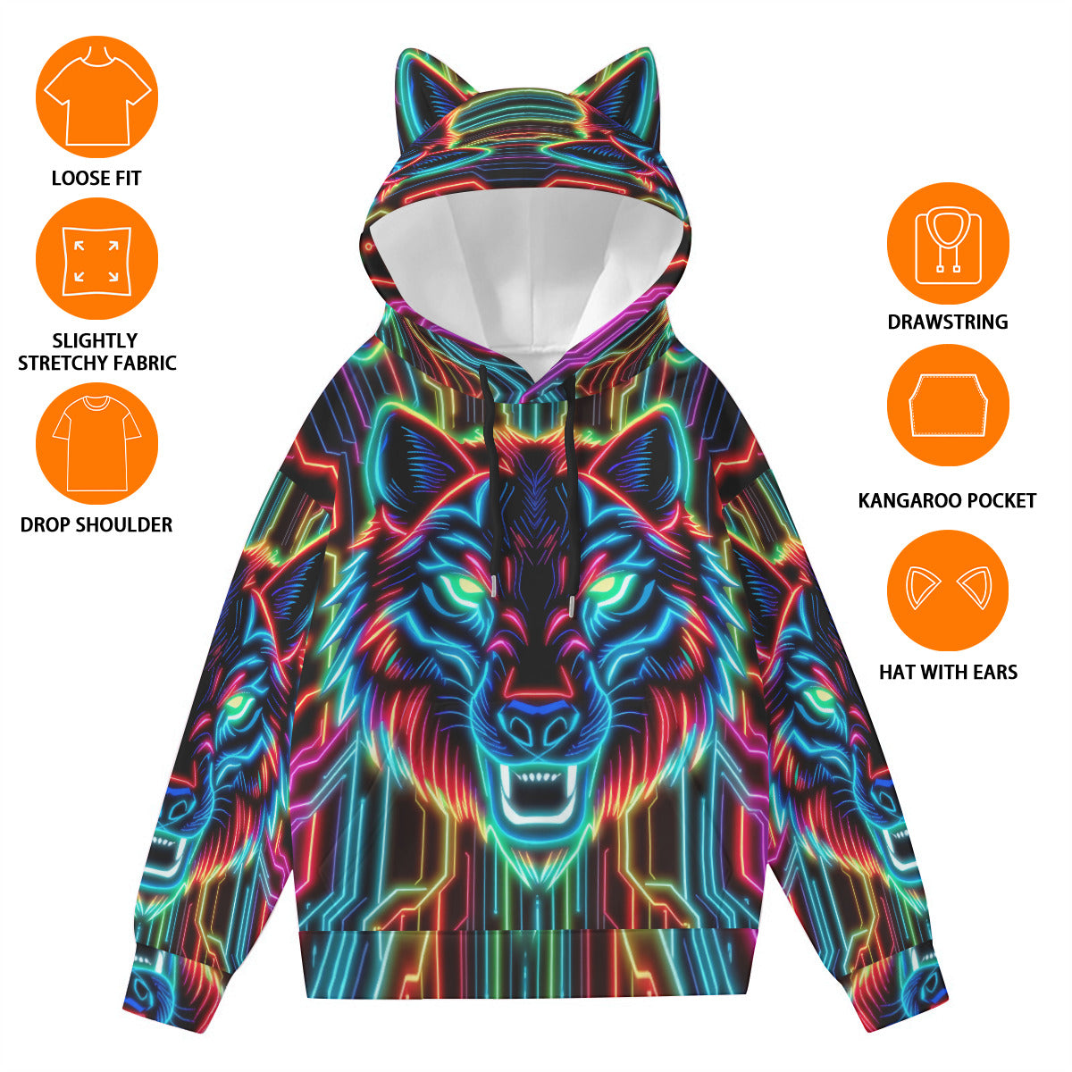 Neon Spirit Animal Wolf Hoodie with Ears by Bazaar Design Style
