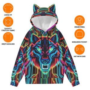 Neon Spirit Animal Wolf Hoodie with Ears by Bazaar Design Style
