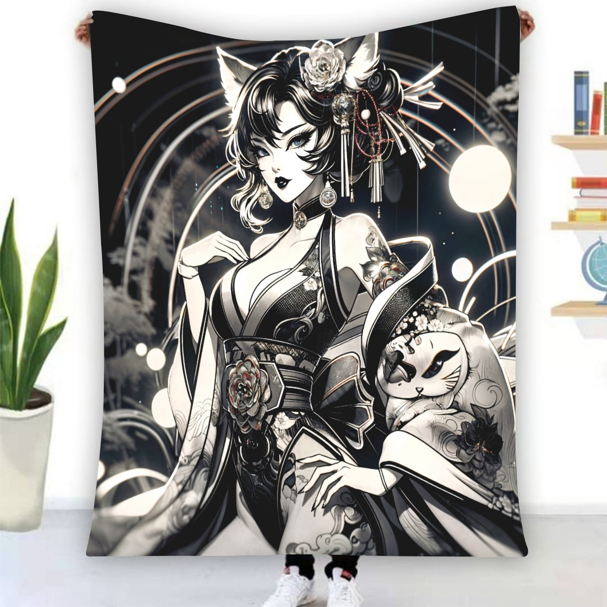 Anime Pin-up Girl Cat Flannel Blanket by Bazaar Design Style