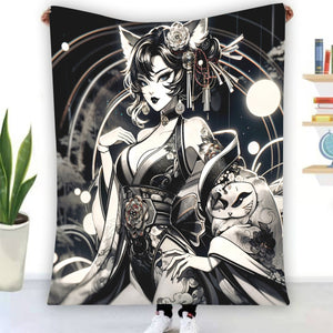 Anime Pin-up Girl Cat Flannel Blanket by Bazaar Design Style