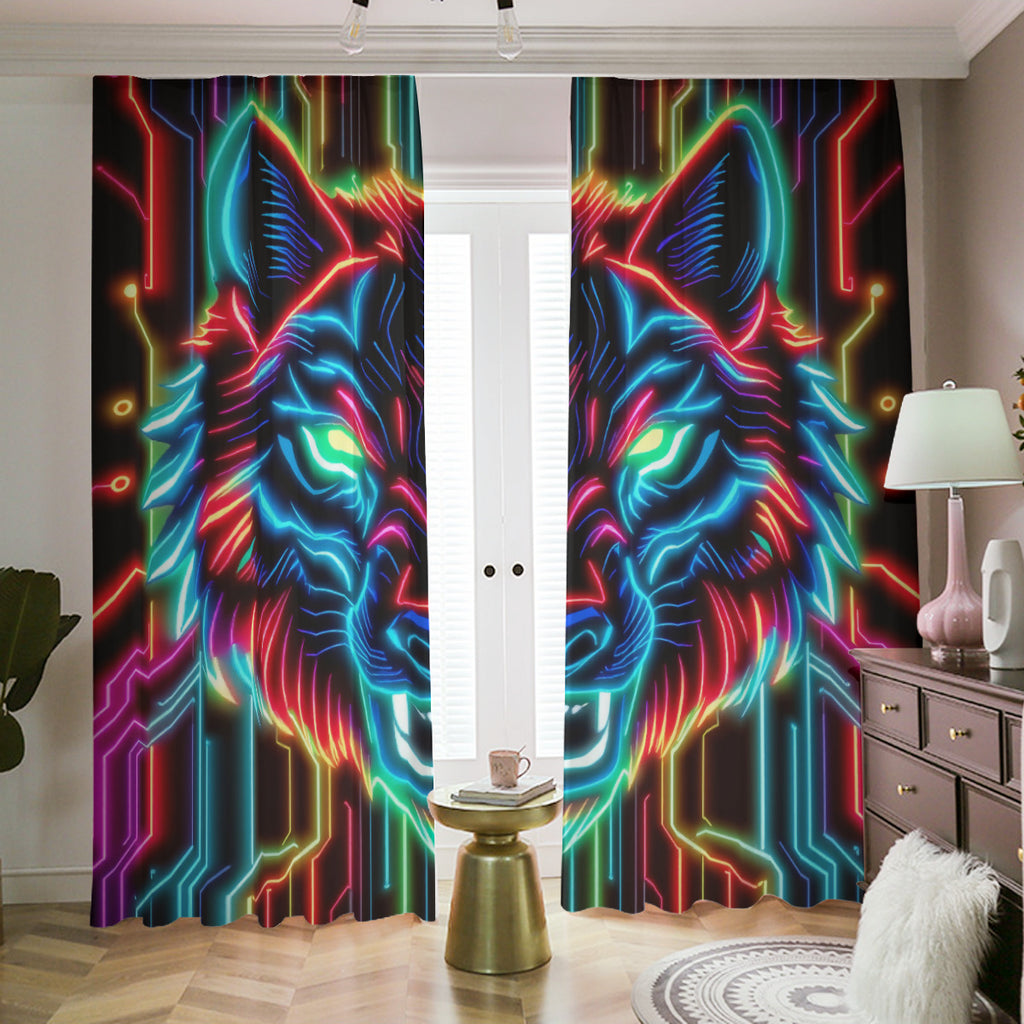 Neon Spirit Animal Wolf Blackout Curtains with Hooks by Bazaar Design Style
