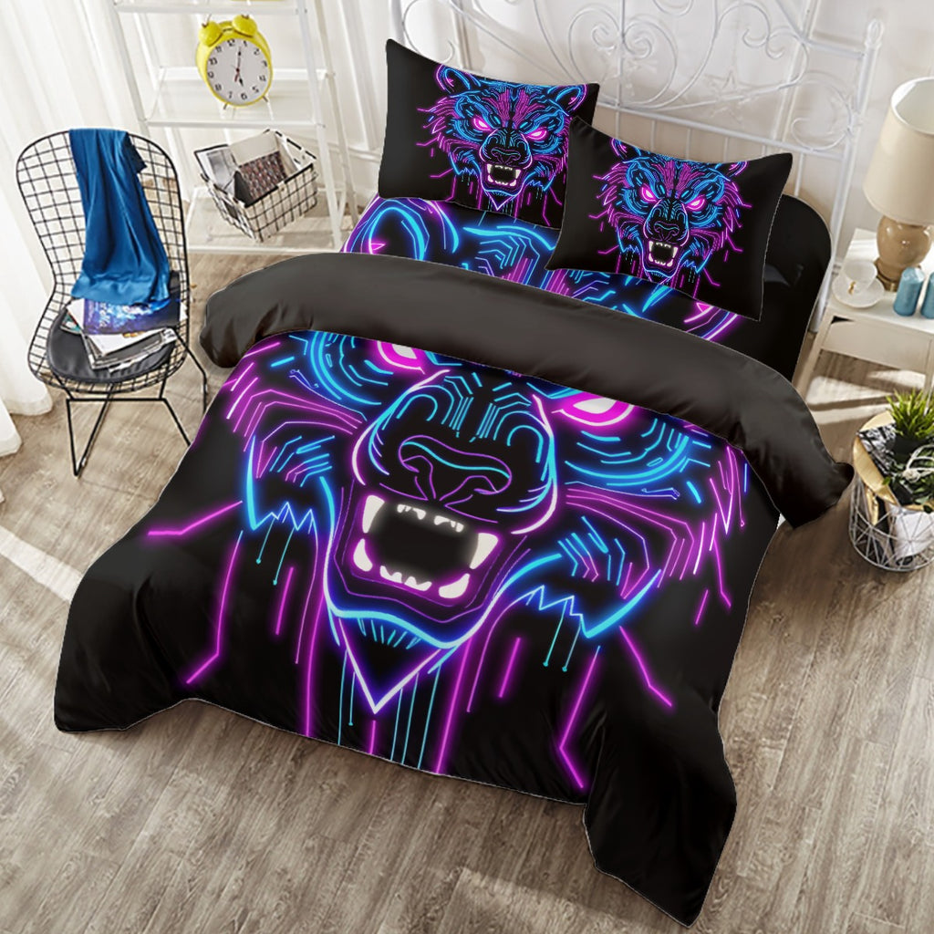 Neon Spirit Animal Bear 4 Piece Duvet Cover Set by Bazaar Design Style (K,CK)