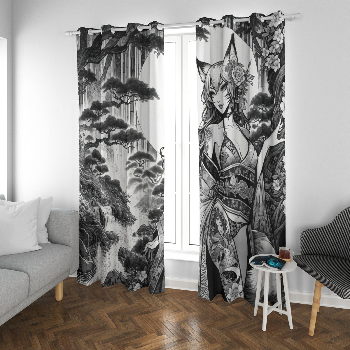 Anime Pin-up Girl Fox Blackout Curtains with Grommets by Bazaar Design Style