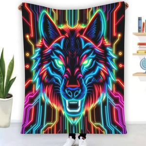 Neon Spirit Animal Wolf Flannel Blanket by Bazaar Design Style