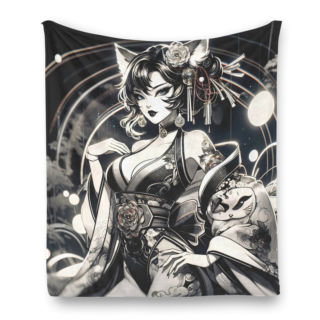 Anime Pin-up Girl Cat Flannel Blanket by Bazaar Design Style