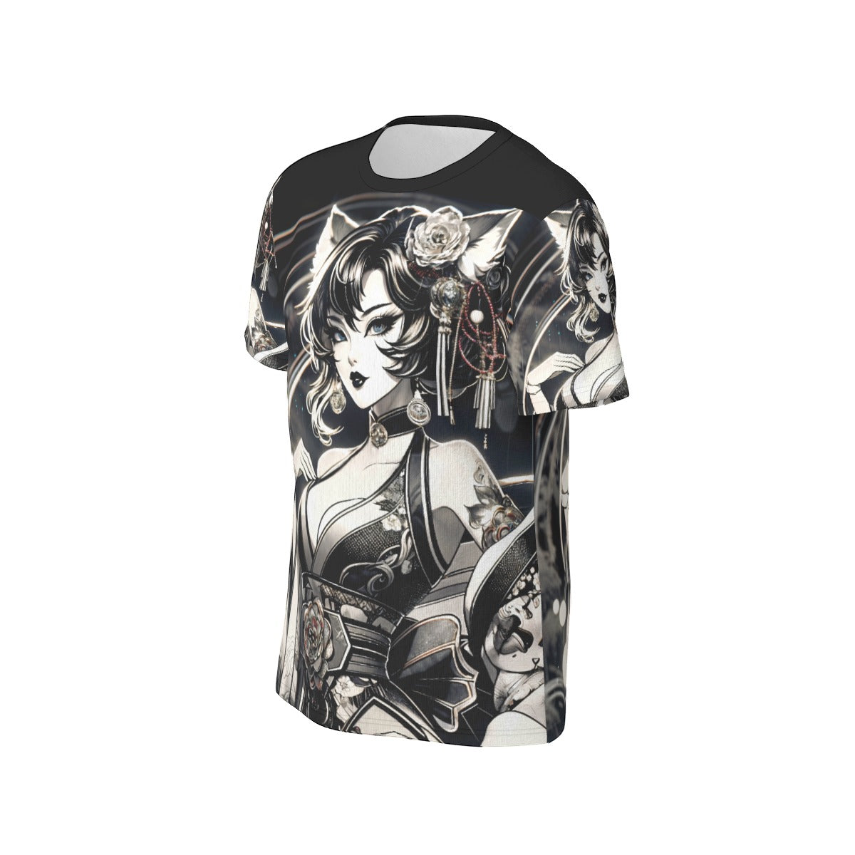 Anime Pin-Up Girl Cat Cotton T-Shirt by Bazaar Design Style