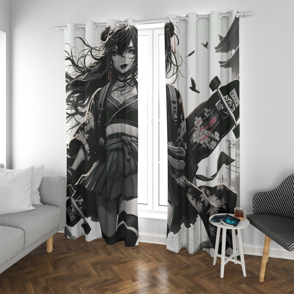 Anime Pin-up Girl Longboard Blackout Curtains with Grommets by Bazaar Design Style