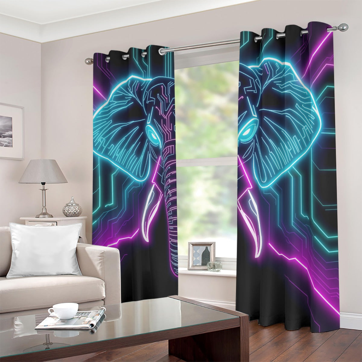 Neon Spirit Animal Elephant Blackout Curtains with Grommets by Bazaar Design Style