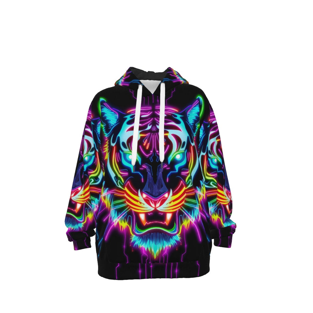Neon Spirit Animal Tiger Cotton Pullover Hoodie by Bazaar Design Style