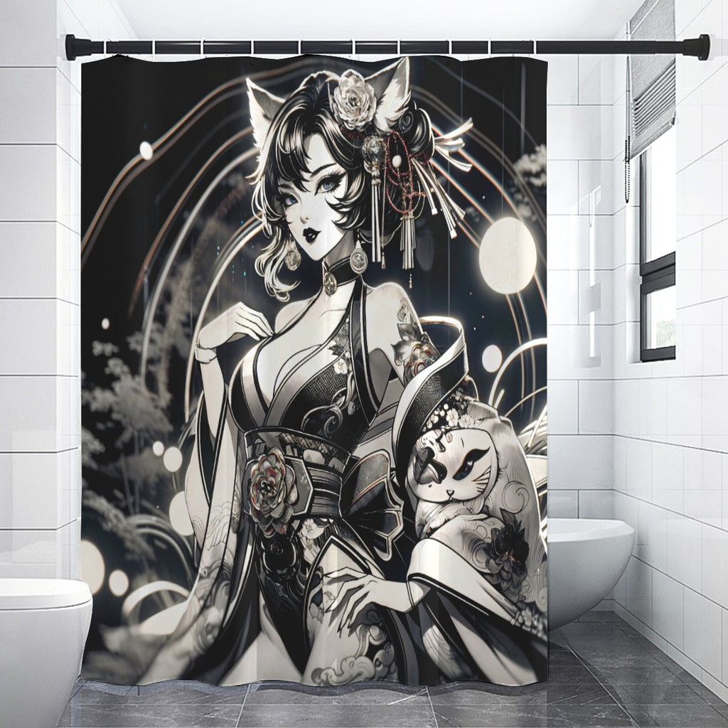 Anime Pin-up Girl Cat Shower Curtain by Bazaar Design Style