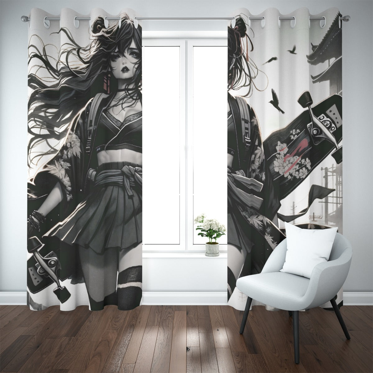 Anime Pin-up Girl Longboard Blackout Curtains with Grommets by Bazaar Design Style