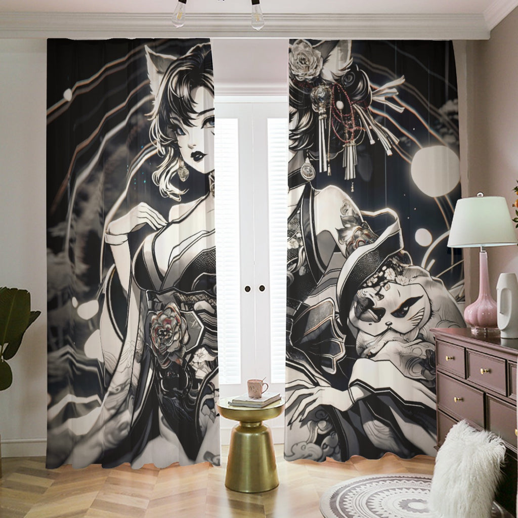 Anime Pin-up Girl Cat Blackout Curtains with Hooks by Bazaar Design Style