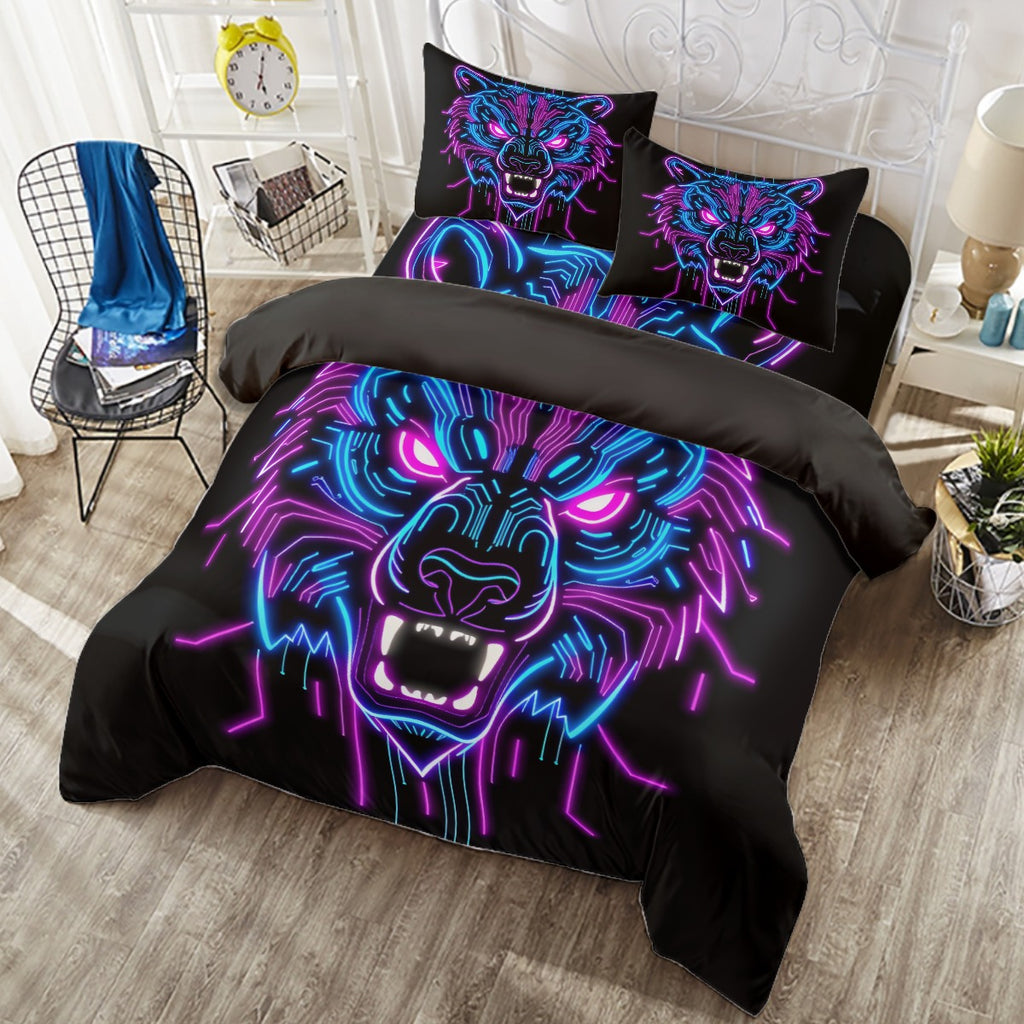 Neon Spirit Animal Bear 4 Piece Duvet Cover Set by Bazaar Design Style (T,F,Q)