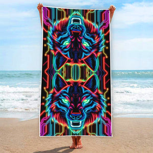Neon Spirit Animal Wolf Beach Towel by Bazaar Design Style