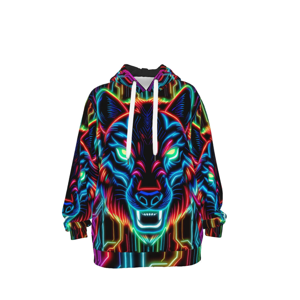 Neon Spirit Animal Wolf Cotton Pullover Hoodie by Bazaar Design Style