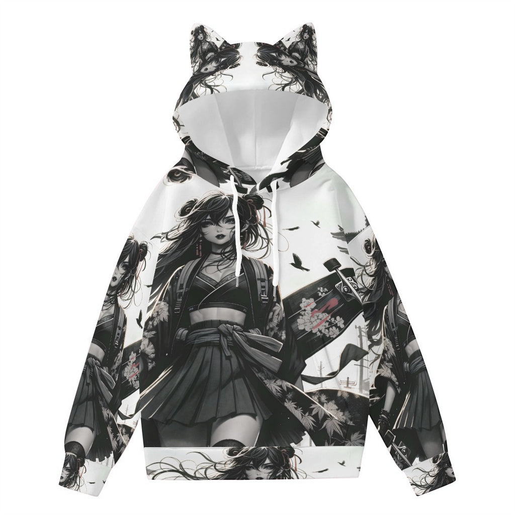 Anime Pin-Up Girl Longboard Hoodie with Ears by Bazaar Design Style