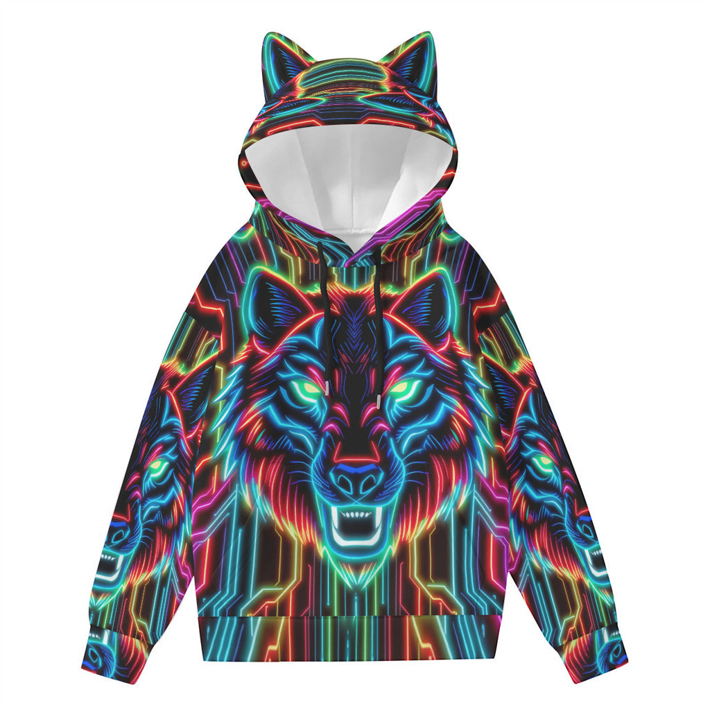 Neon Spirit Animal Wolf Hoodie with Ears by Bazaar Design Style