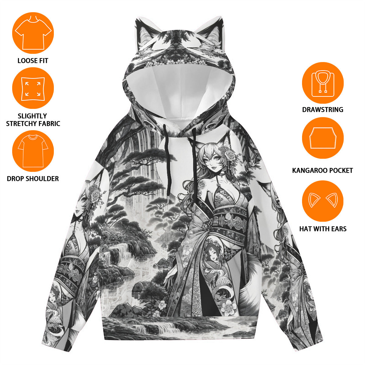 Anime Pin-up Girl Fox Hoodie with Ears by Bazaar Design Style
