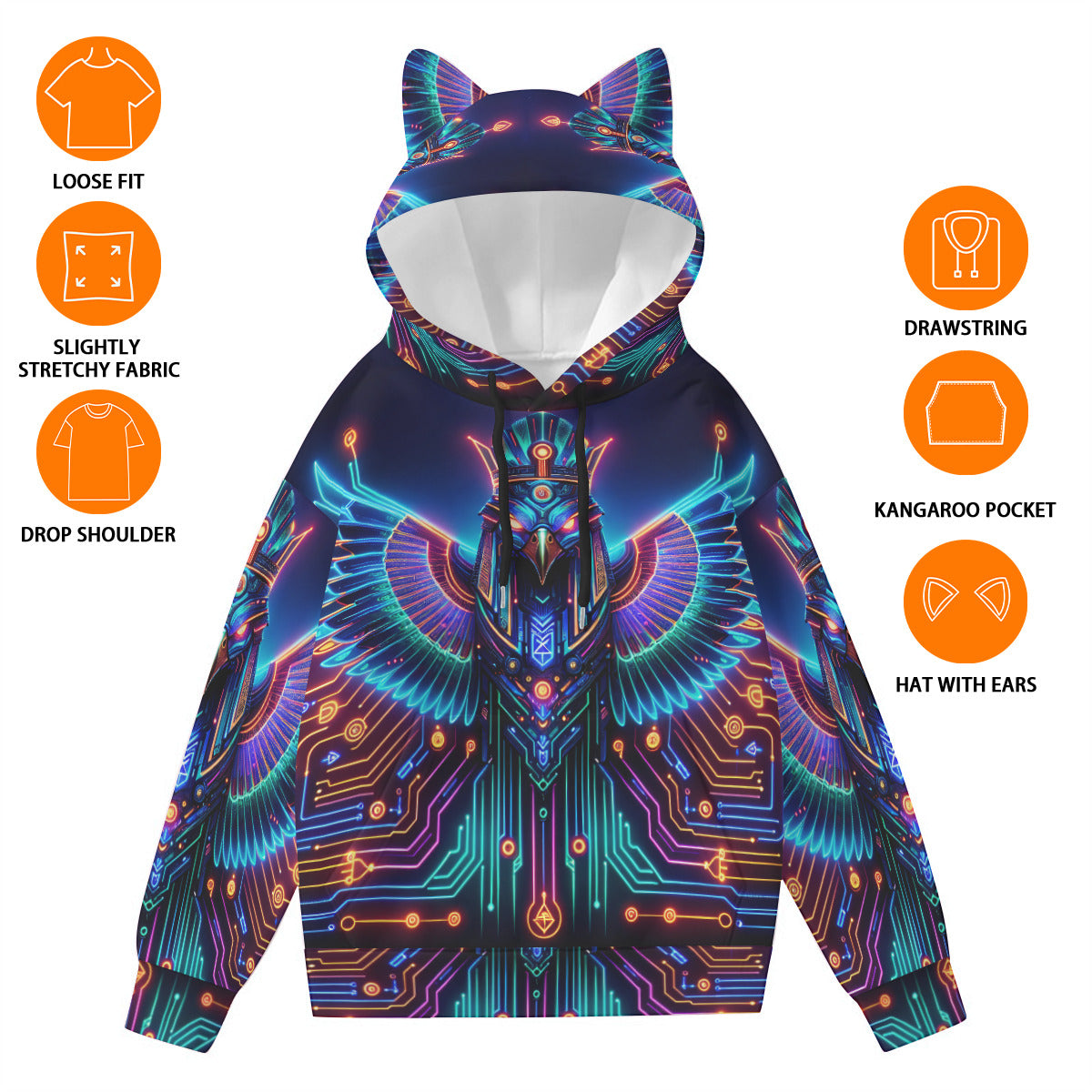Egyptian Tech Horus Hoodie with Ears by Bazaar Design Style