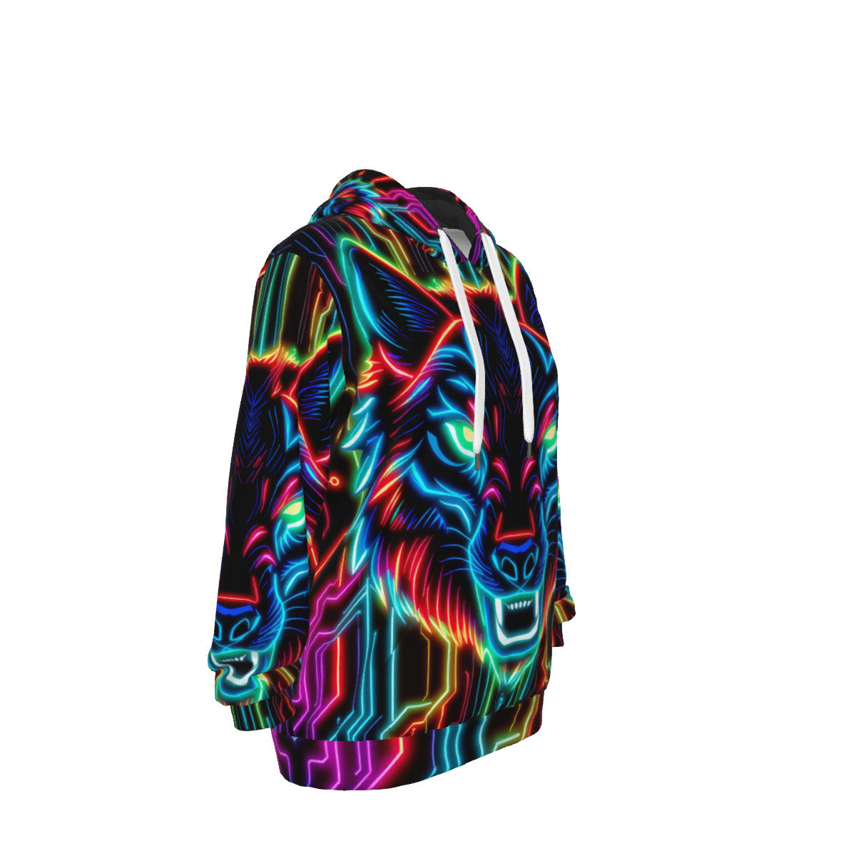 Neon Spirit Animal Wolf Cotton Pullover Hoodie by Bazaar Design Style