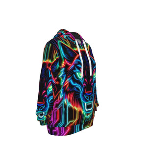Neon Spirit Animal Wolf Cotton Pullover Hoodie by Bazaar Design Style