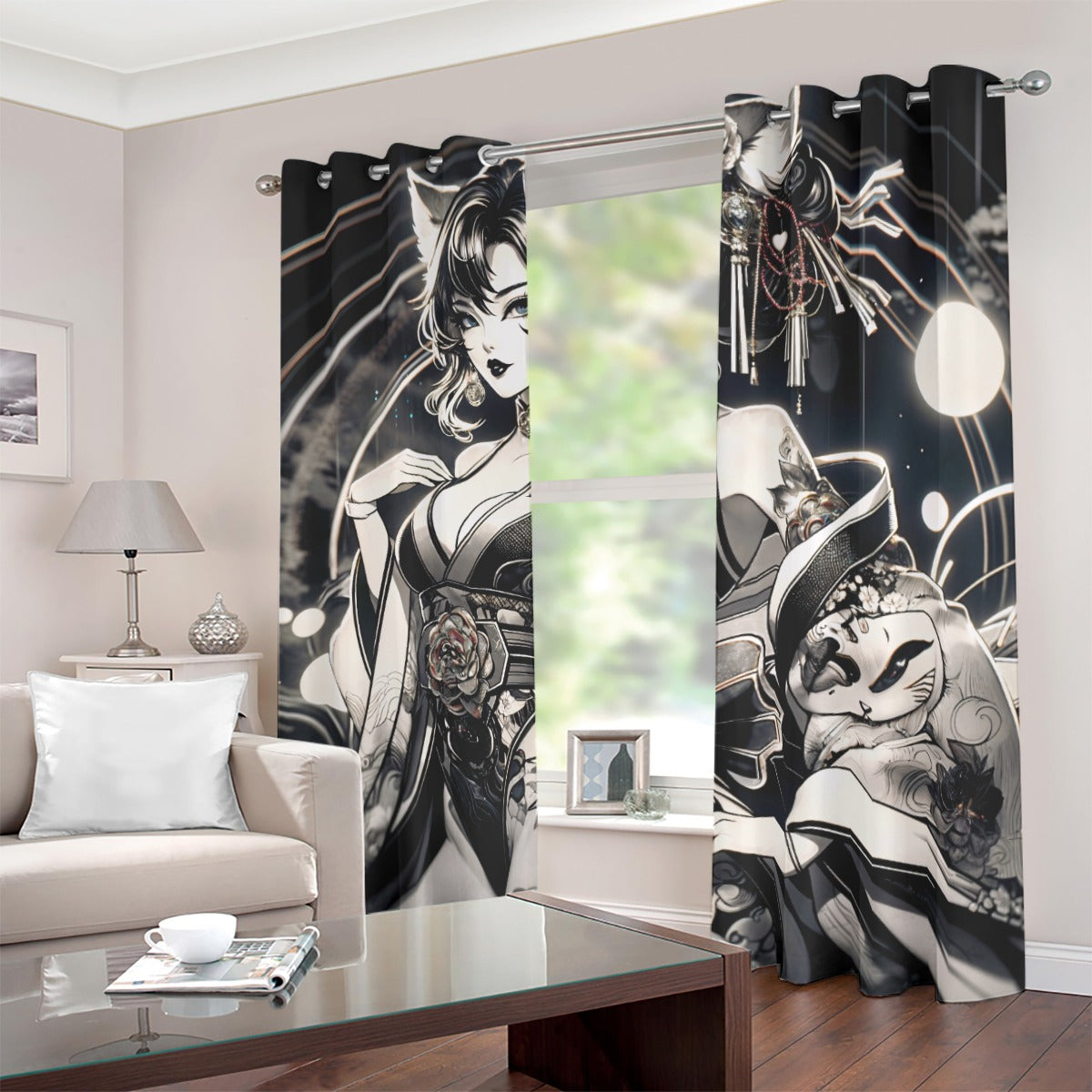 Anime Pin-up Girl Cat Blackout Curtains with Grommets by Bazaar Design Style