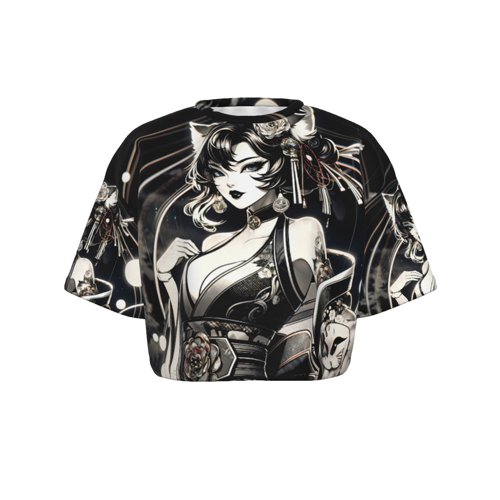 Anime Pin-Up Cat Crop Top T-Shirt
