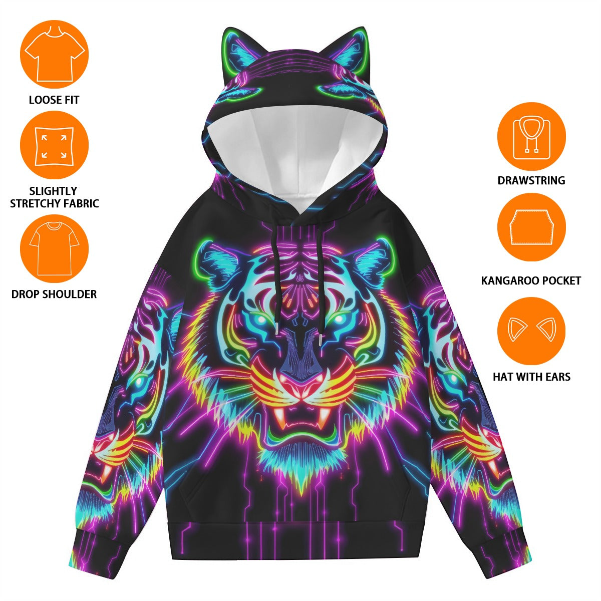 Neon Spirit Animal Tiger Hoodie with Ears by Bazaar Design Style